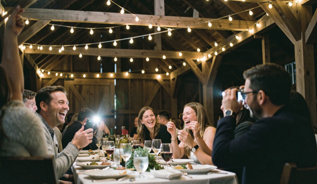 Dinner guests laughing under strings of warm bulbs inside a dim barn, photographer with a small flash bouncing light off the rafters