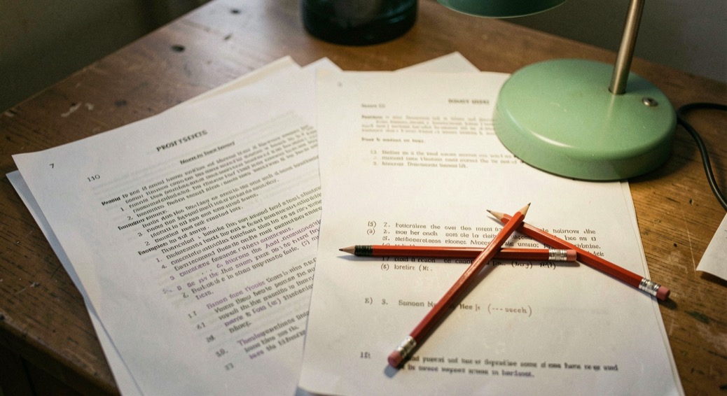 Style sheet and marked-up page proofs spread on a desk under a green lamp, red pencil resting across the margin notes