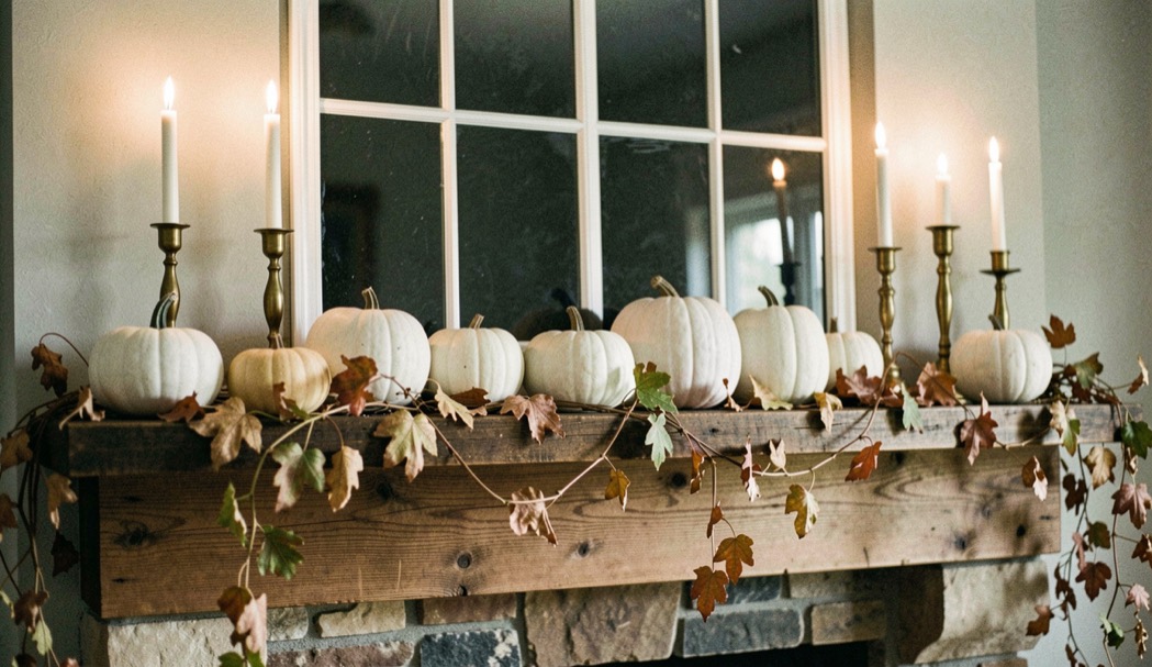 Barn mantel dressed with bittersweet vine, white pumpkins of different sizes and brass candlesticks lit against the dark window