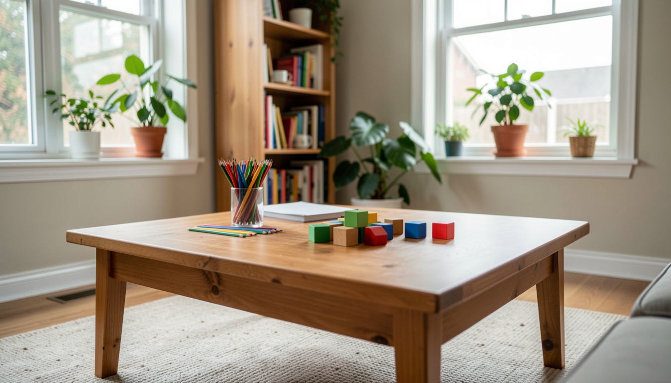 A low wooden coffee table in a bright living room, colored pencils and wooden blocks scattered across it, two windows casting daylight, a bookshelf and houseplants behind, no readable text, wide shot.