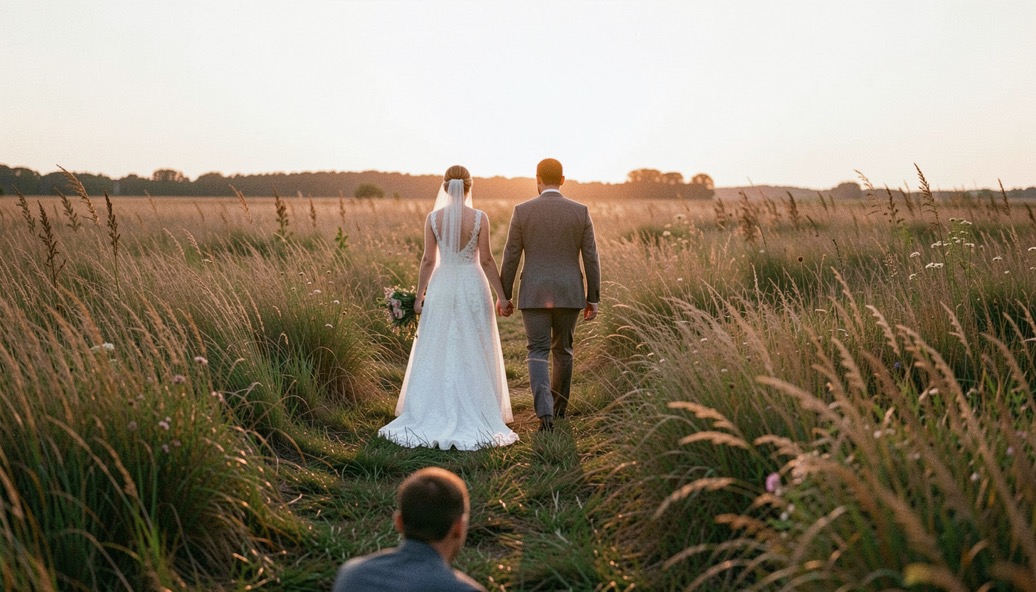 Bride and groom walking alone through tall pasture grass toward the low sun, photographer crouched ahead of them at a distance