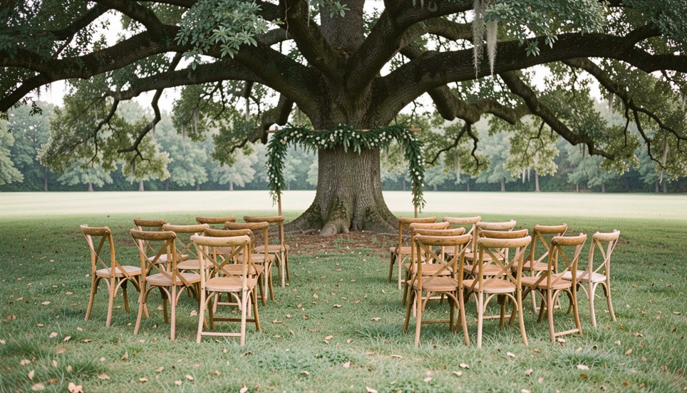 Small ceremony of wooden chairs arranged in a loose circle on grass beneath a wide oak, garland of greenery on two shepherd hooks