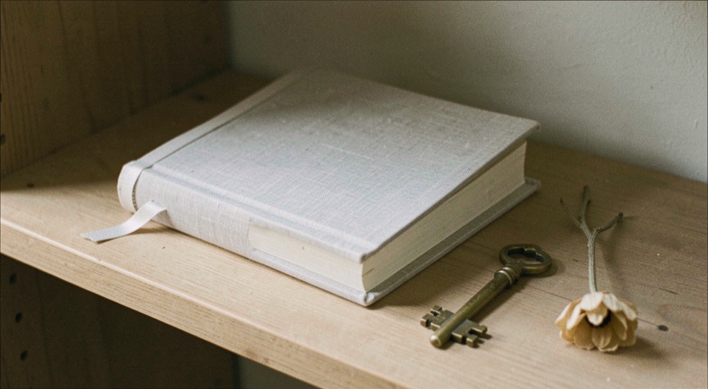 Closed linen notebook with a ribbon marker resting on a hall shelf beside a brass key and a single dried flower