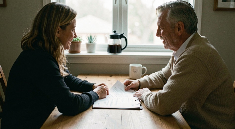 Couple sitting across a wooden desk from a venue owner, contract pages between them and a coffee pot on the windowsill behind