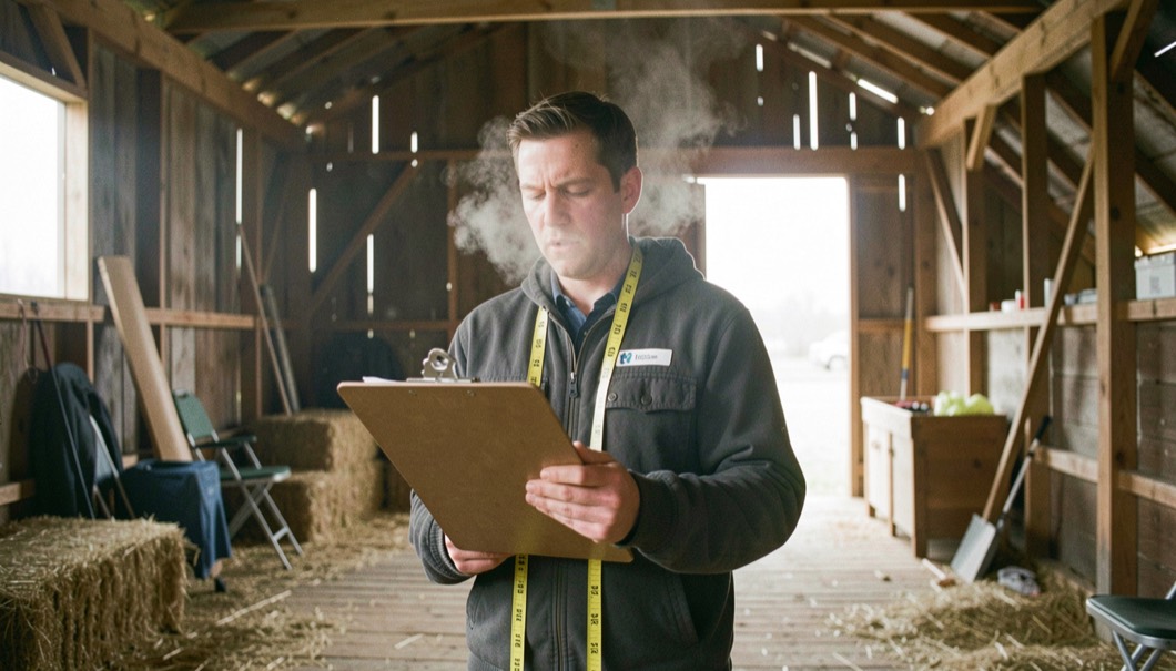 Venue coordinator on a January tour holding a clipboard inside an unheated barn, breath visible, measuring tape hanging from the neck