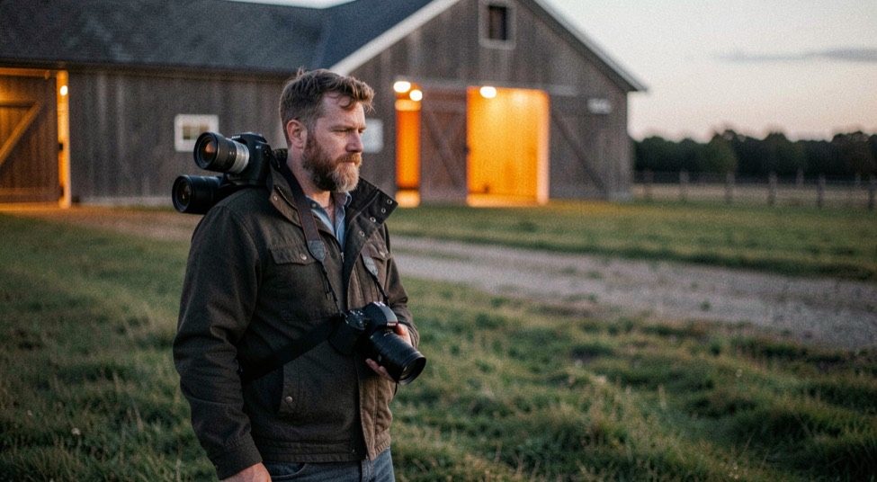 Photographer standing at the edge of a pasture at dusk with two cameras on the shoulder, barn doors glowing warm in the background