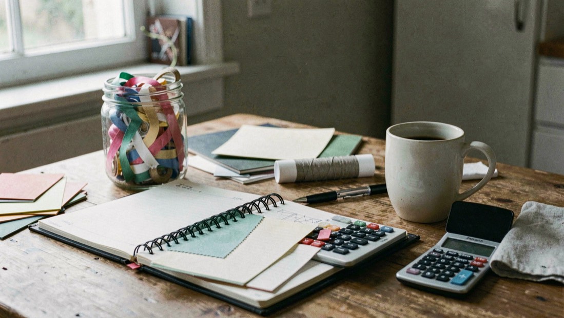 Kitchen table covered with a planning notebook, paper swatches, a jar of ribbons and a calculator beside a mug of coffee