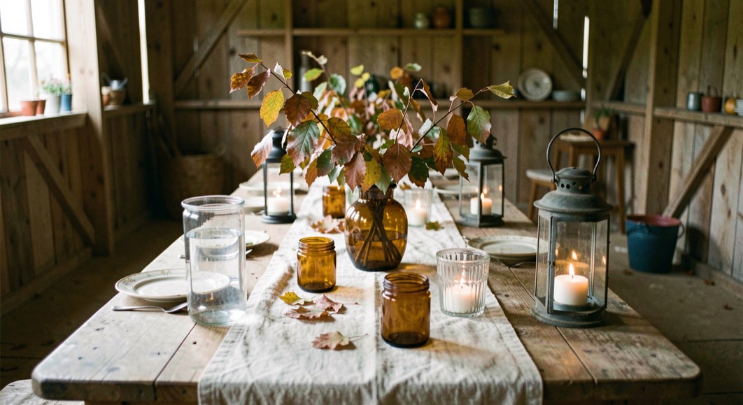 Long harvest table inside a barn with linen runners, amber glass holders, branches of turning leaves and lanterns waiting to be lit