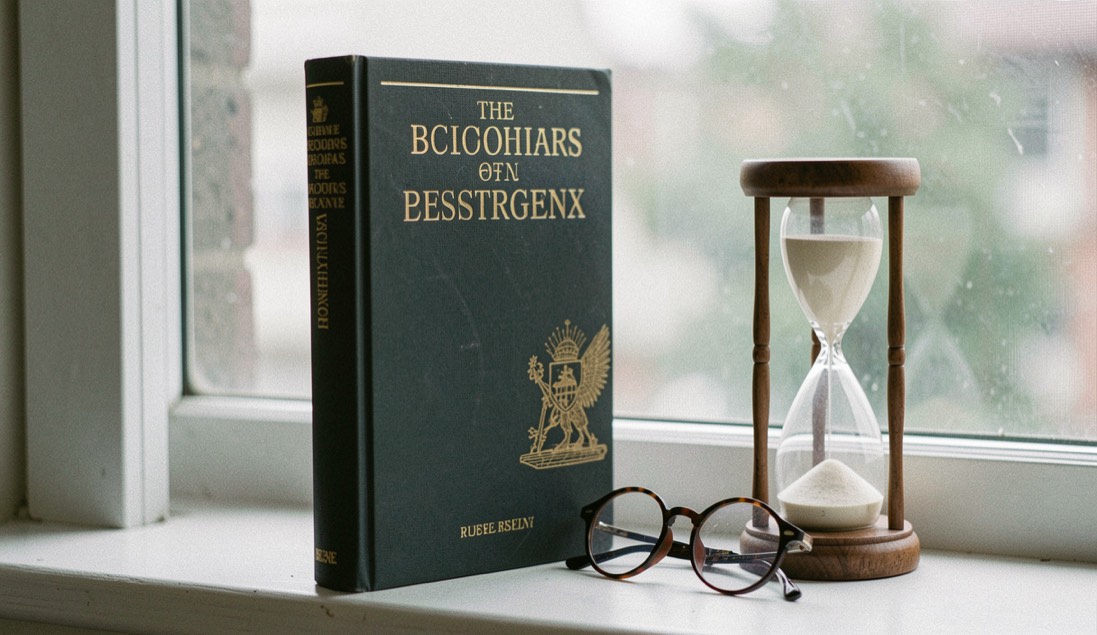 Hardcover reference volume standing upright on a windowsill beside a pair of reading glasses and an hourglass with pale sand