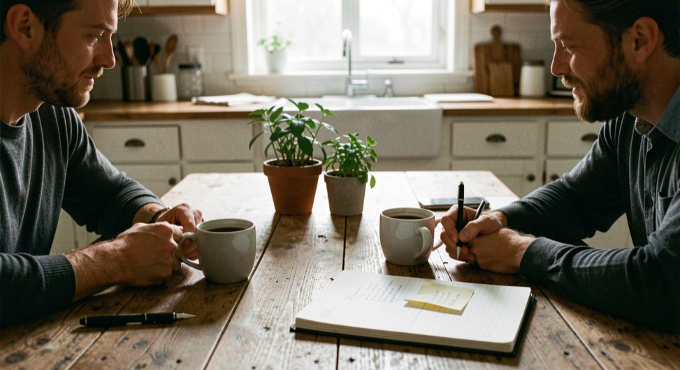 Two coffee cups and a notebook between editors across a farmhouse kitchen table, one page flagged with a paper marker