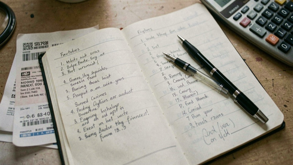 Budget notebook open to a handwritten table of figures beside receipts, a pen resting across the fold and a calculator at the corner