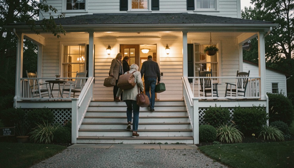 Guests carrying overnight bags up the steps of a farmhouse inn at dusk, porch lamps already lit and rocking chairs pushed back for arrival