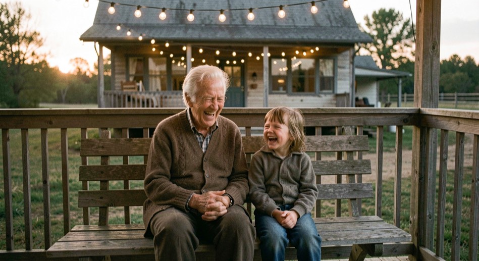 Elderly guest and a child sharing a bench on a farmhouse porch at dusk, both laughing, string lights glowing above the railing